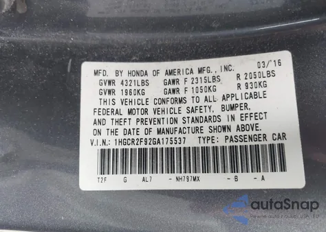 2016 Honda Accord Ex-L z USA, uszkodzony, nr VIN 1HGCR2F92GA175537